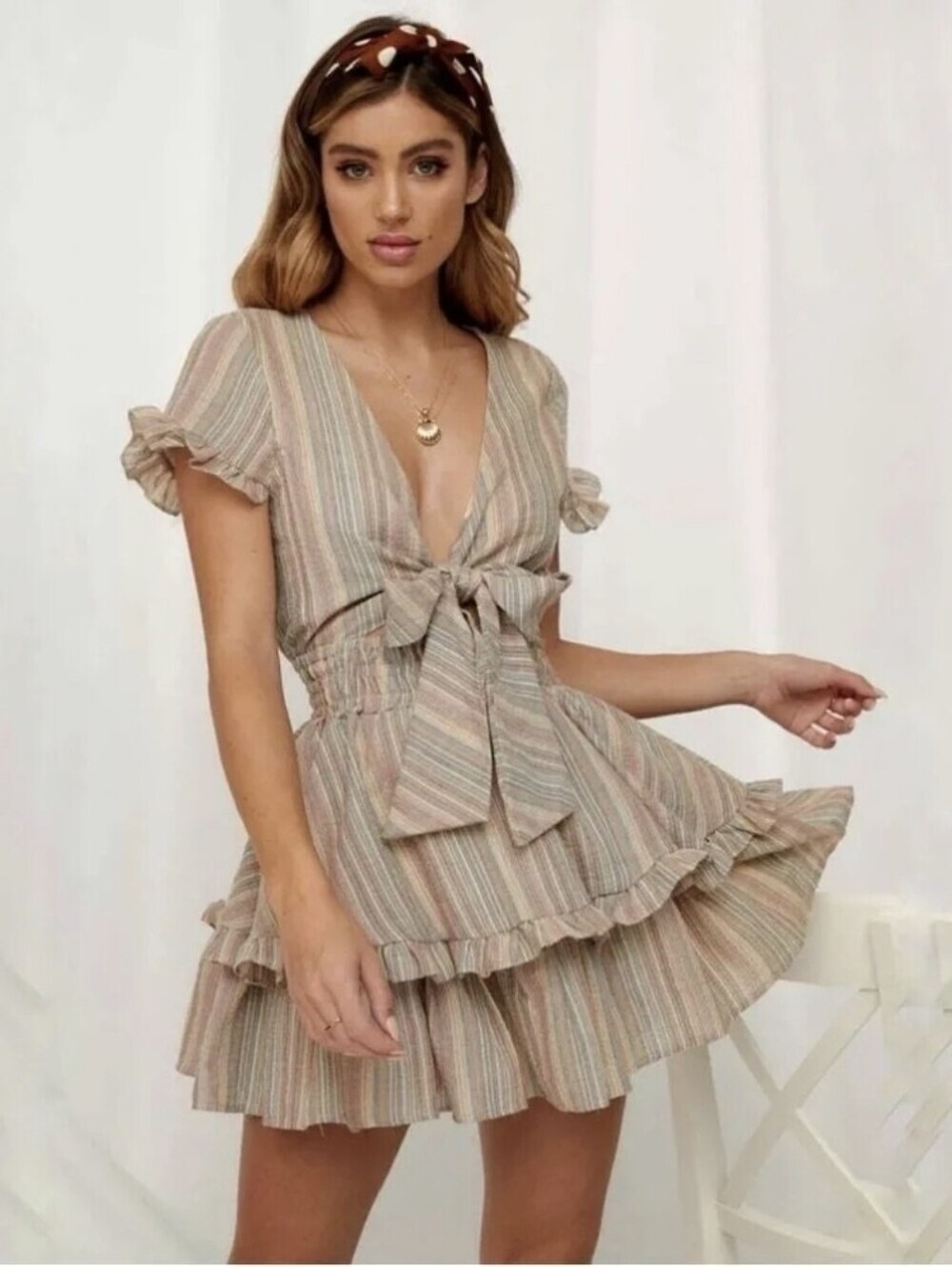 Vici Striped Tie-Front Ruffle Mini Dress in Neutral Stripe Size S